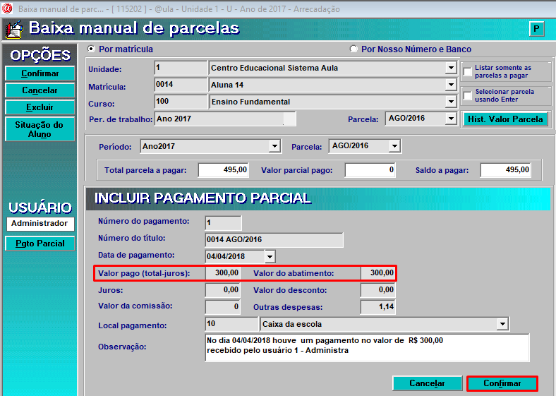 Pagamento parcial de parcelas